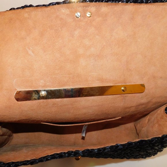 Made In Italy Woven Black Handbag 100% Visca With Gold Tone Handle Vintage - Picture 9 of 12